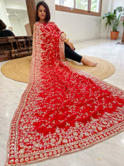 Red Crepe Dupatta with Sequin and Cut Daana Jaal Embroidery