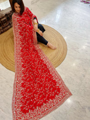 Red Crepe Dupatta with Sequin and Cut Daana Jaal Embroidery