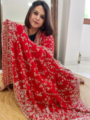 Red Crepe Dupatta with Sequin and Cut Daana Jaal Embroidery