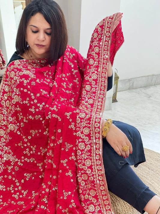 Pink Crepe Dupatta with Sequin and Cut Daana Jaal Embroidery
