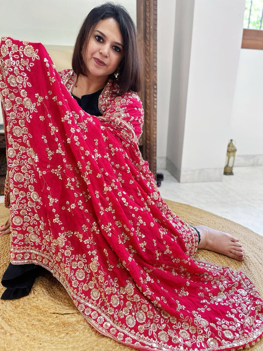Pink Crepe Dupatta with Sequin and Cut Daana Jaal Embroidery