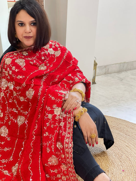 Red Crepe Dupatta with Sequin and Cut Daana Jaal Embroidery