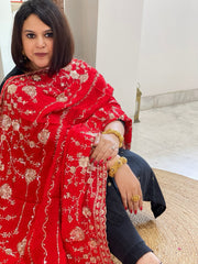 Red Crepe Dupatta with Sequin and Cut Daana Jaal Embroidery