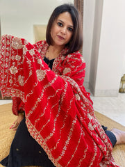 Red Crepe Dupatta with Sequin and Cut Daana Jaal Embroidery