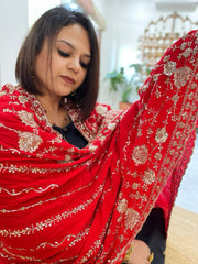 Red Crepe Dupatta with Sequin and Cut Daana Jaal Embroidery
