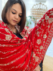Red Crepe Dupatta with Sequin and Cut Daana Jaal Embroidery
