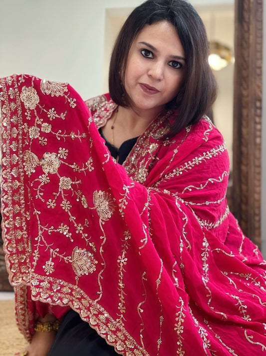 Pink Crepe Dupatta with Sequin and Cut Daana Jaal Embroidery