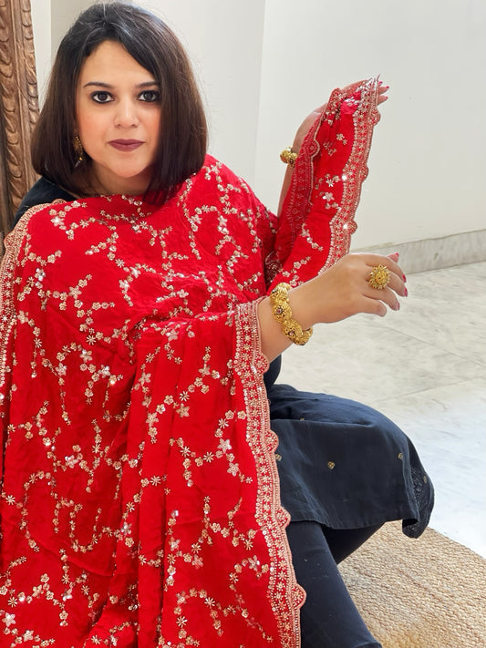 Red Crepe Dupatta with Sequin and Cut Daana Jaal Embroidery