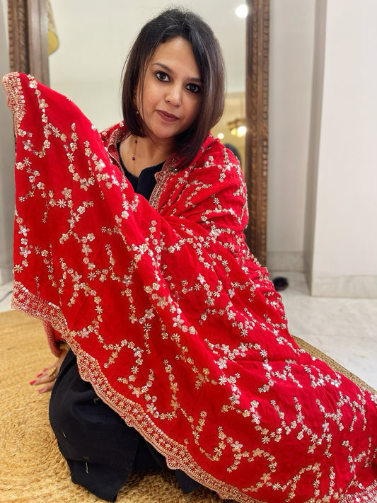 Red Crepe Dupatta with Sequin and Cut Daana Jaal Embroidery