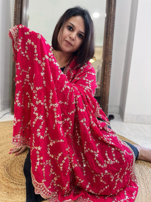 Pink Crepe Dupatta with Sequin and Cut Daana Jaal Embroidery
