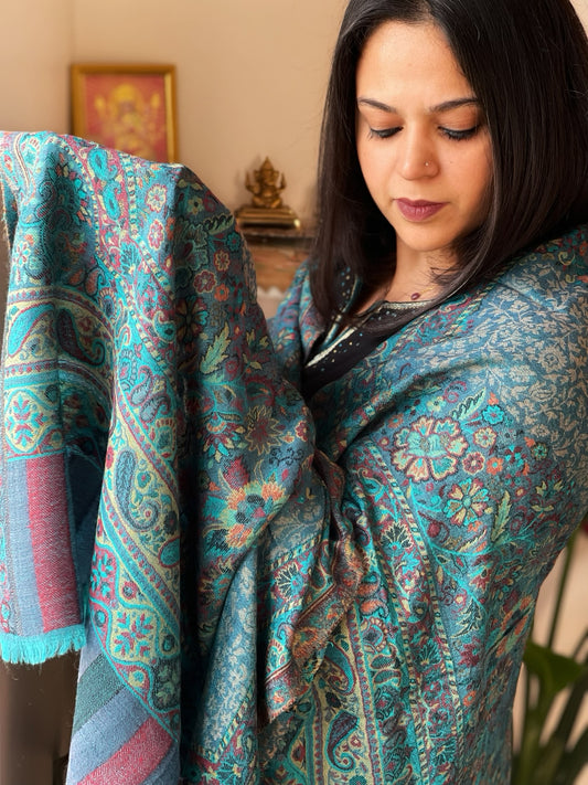 Firozi Woven Kaani Jaal Pashmina Stole