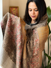 Grey Woven Check Zari Pashmina Stole with Kaani Pallu