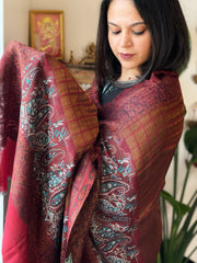 Maroon Woven Check Zari Pashmina Stole with Kaani Pallu