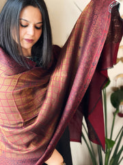 Maroon Woven Check Zari Pashmina Stole with Kaani Pallu