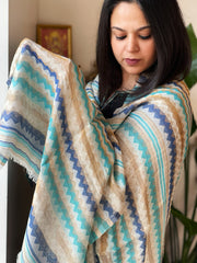 Off-White, Blue, Turquoise Woven Zari Pashmina Stole with Zig-Zag Design