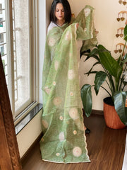 Green Printed Bandhej Organza dupatta with Scalloped Border