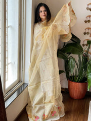 Gold Tissue Organza Dupatta with cross-stitch embroidery