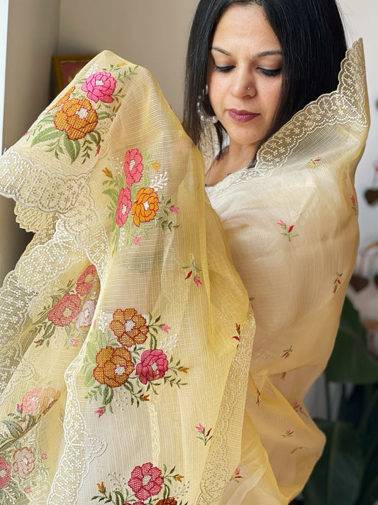 Gold Tissue Organza Dupatta with cross-stitch embroidery