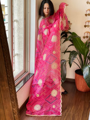 Pink Printed Bandhej Organza dupatta with Scalloped Border