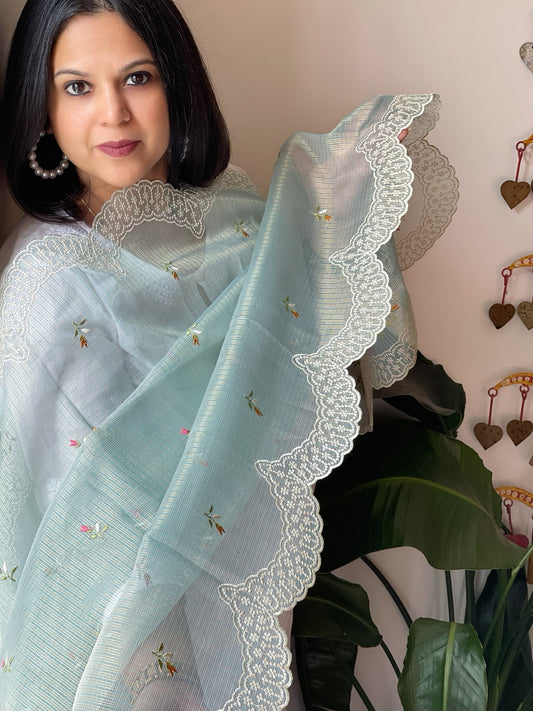 Blue Tissue Organza Dupatta with cross-stitch embroidery