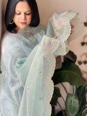 Blue Tissue Organza Dupatta with cross-stitch embroidery