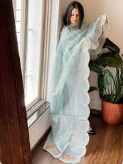 Blue Tissue Organza Dupatta with cross-stitch embroidery