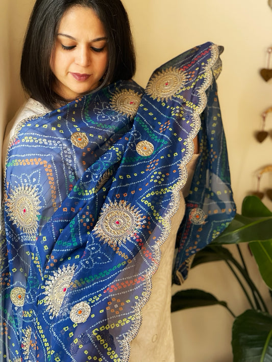 Blue Printed Bandhej Organza dupatta with Scalloped Border