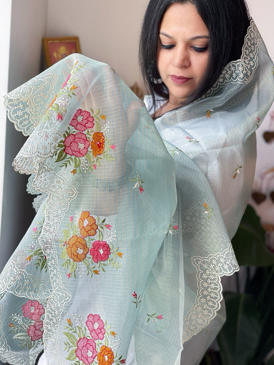 Blue Tissue Organza Dupatta with cross-stitch embroidery