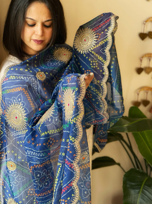 Blue Printed Bandhej Organza dupatta with Scalloped Border