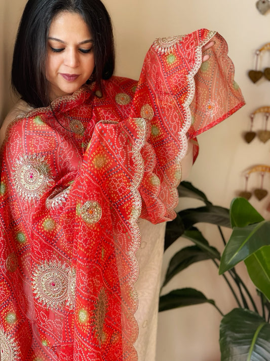 Red Printed Bandhej Organza dupatta with Scalloped Border