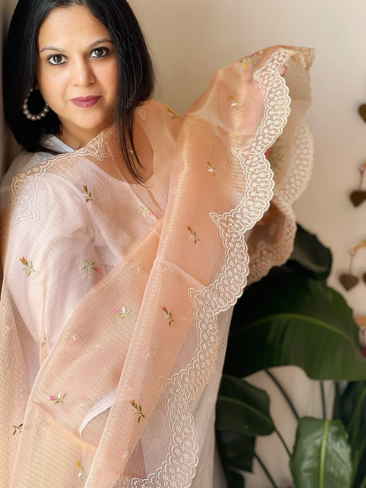 Peach Tissue Organza Dupatta with cross-stitch embroidery
