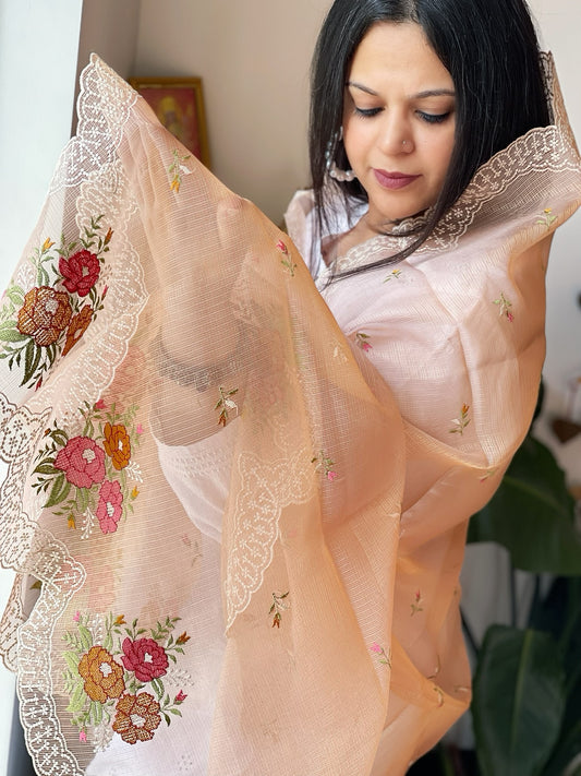 Peach Tissue Organza Dupatta with cross-stitch embroidery