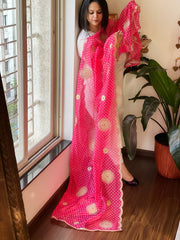 Dark Pink Printed Bandhej Organza dupatta with Scalloped Border