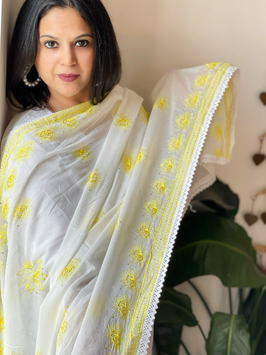 Yellow, Off-White Cotton Dupatta with Thread Embroidery