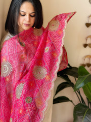 Pink Printed Bandhej Organza dupatta with Scalloped Border