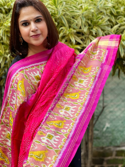 Coral Pink Handwoven Patola with Rai Bandhej Dupatta in Pure Silk