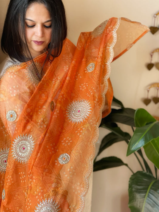 Orange Printed Bandhej Organza dupatta with Scalloped Border