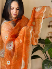 Orange Printed Bandhej Organza dupatta with Scalloped Border