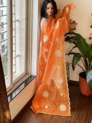 Orange Printed Bandhej Organza dupatta with Scalloped Border