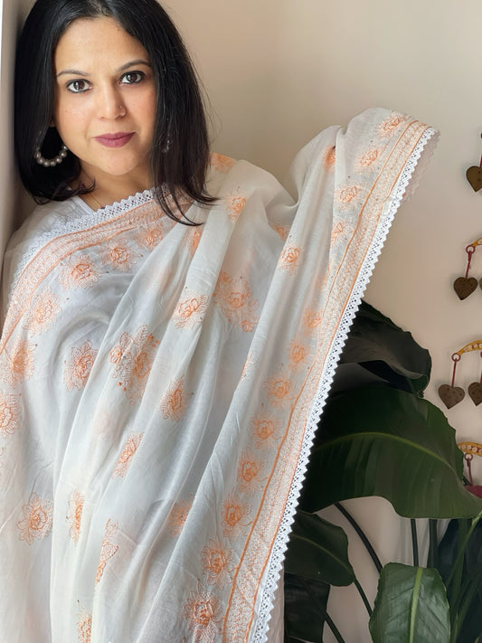 Peach, Off-White Cotton Dupatta with Thread Embroidery