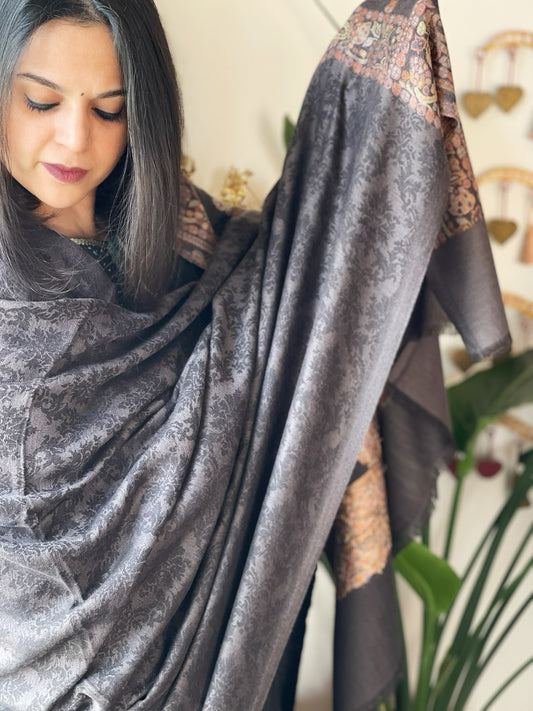 Dark Grey Woven Pashmina Shawl with Self and Kaani Pallu