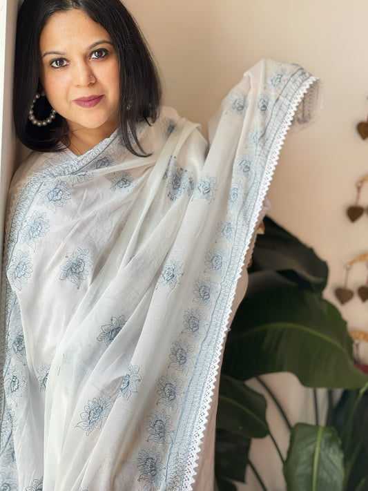 Grey, Off-White Cotton Dupatta with Thread Embroidery
