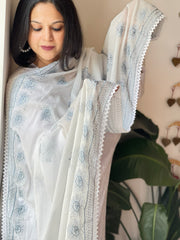 Grey, Off-White Mul Cotton Dupatta with Thread Embroidery