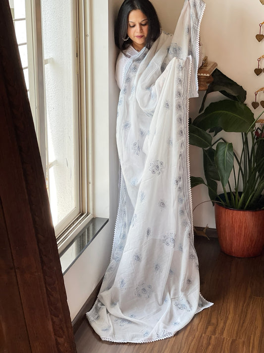 Grey, Off-White Cotton Dupatta with Thread Embroidery