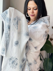 Grey, Off-White Mul Cotton Dupatta with Thread Embroidery