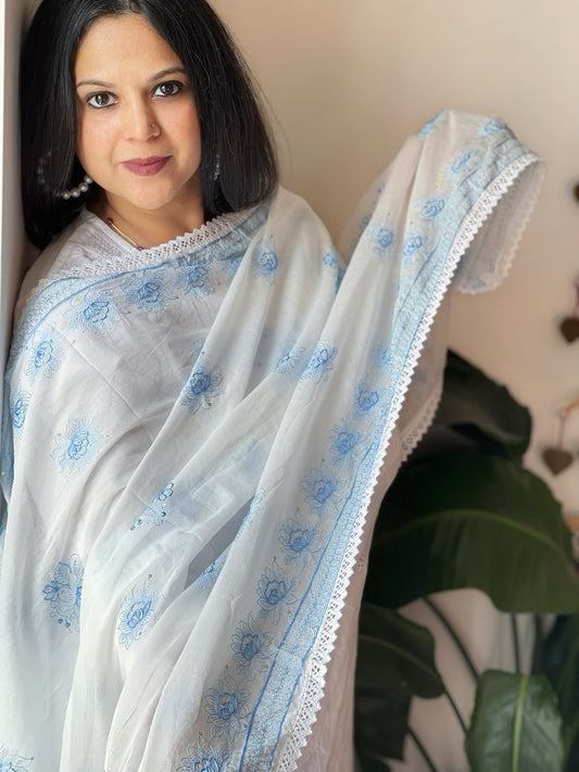 Blue, Off-White Cotton Dupatta with Thread Embroidery