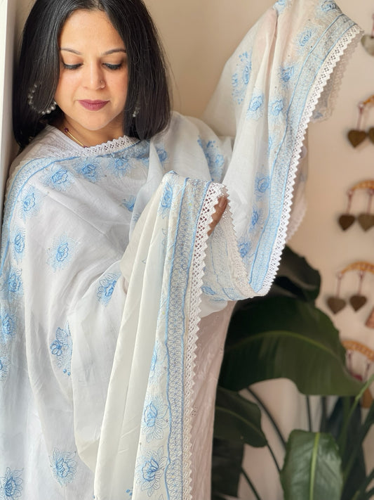 Blue, Off-White Cotton Dupatta with Thread Embroidery