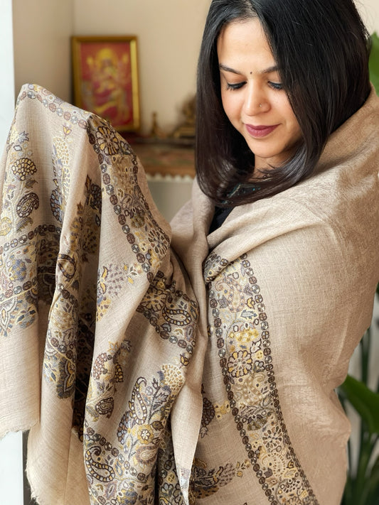 Lite Brown Woven Pashmina Shawl with Self and Kaani Pallu