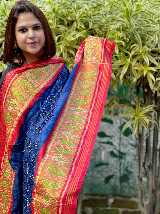 Royal Blue, Red Handwoven Patola with Rai Bandhej Dupatta in Pure Silk