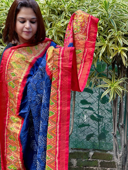 Royal Blue, Red Handwoven Patola with Rai Bandhej Dupatta in Pure Silk